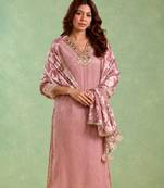 Dusty pink embroidered chanderi stripe kurta set
