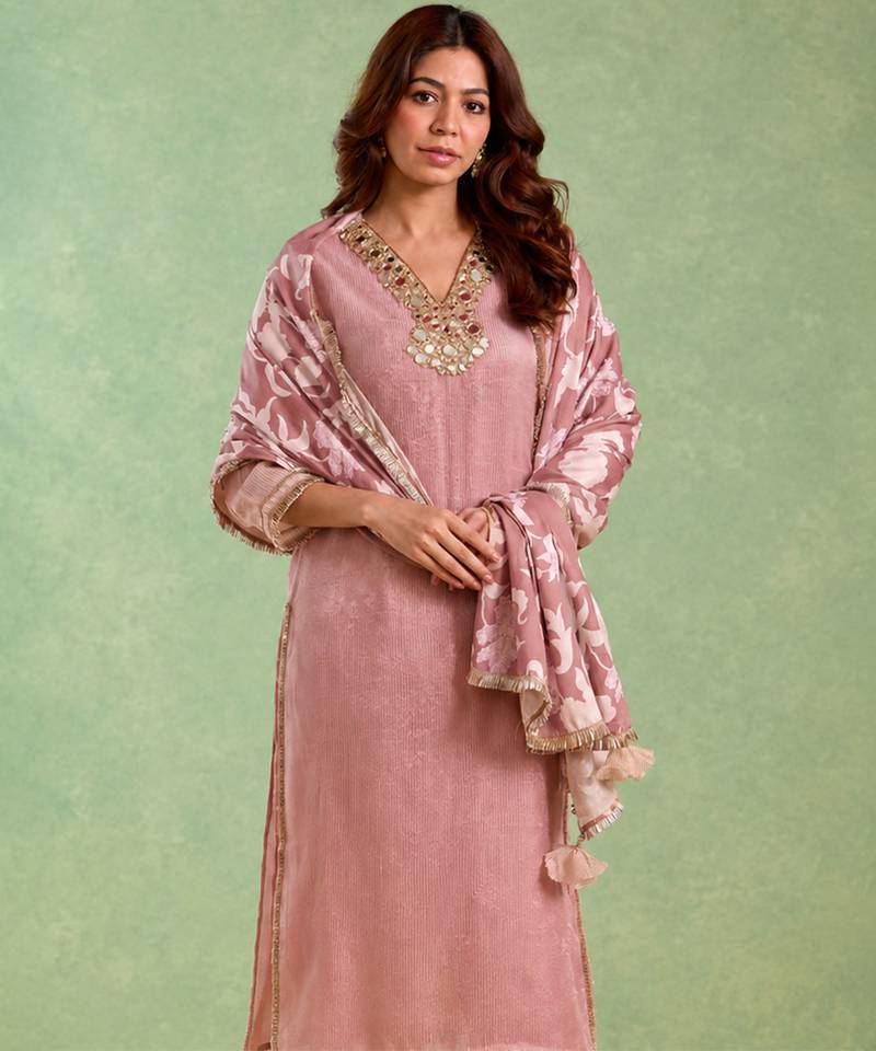 Dusty pink embroidered chanderi stripe kurta set