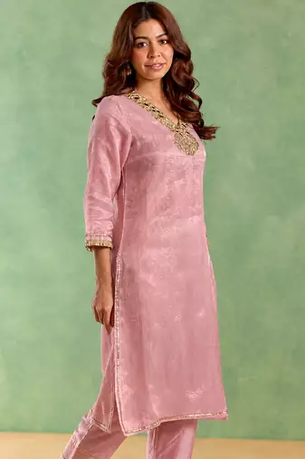 Dusty pink embroidered chanderi stripe kurta set
