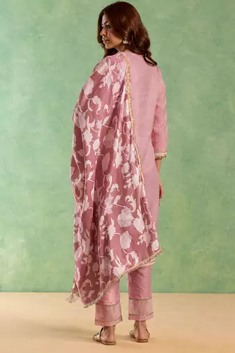 Dusty pink embroidered chanderi stripe kurta set