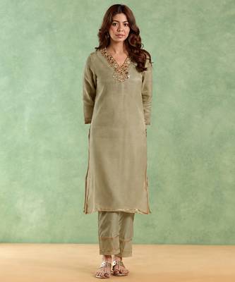 Sage green embroidered chanderi stripe kurta set 1