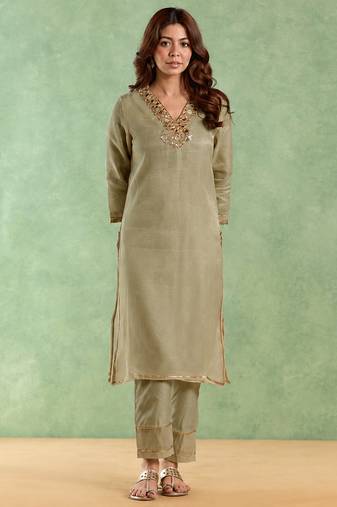 Sage green embroidered chanderi stripe kurta set
