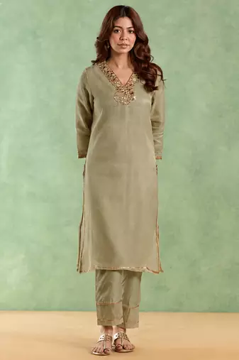Sage green embroidered chanderi stripe kurta set