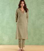 Sage green embroidered chanderi stripe kurta set