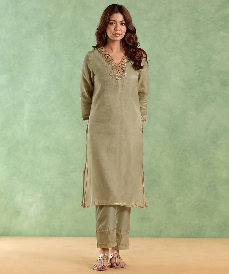 Sage green embroidered chanderi stripe kurta set