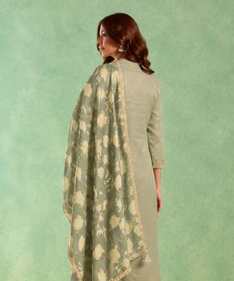 Sage green embroidered chanderi stripe kurta set 2