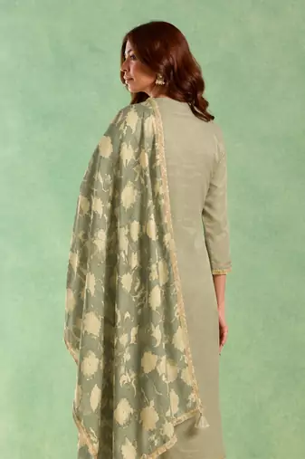 Sage green embroidered chanderi stripe kurta set