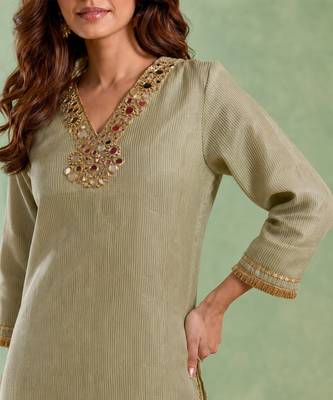Sage green embroidered chanderi stripe kurta set 4