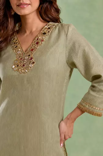 Sage green embroidered chanderi stripe kurta set