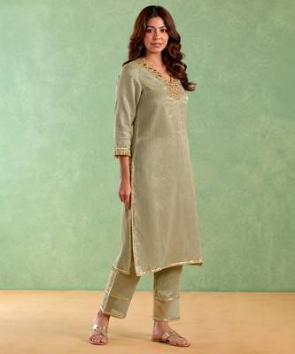 Sage green embroidered chanderi stripe kurta set 5