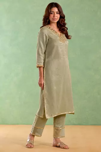 Sage green embroidered chanderi stripe kurta set