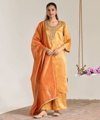 Orange embroidered tissue kurta set 1