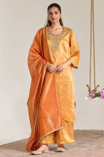 Orange embroidered tissue kurta set