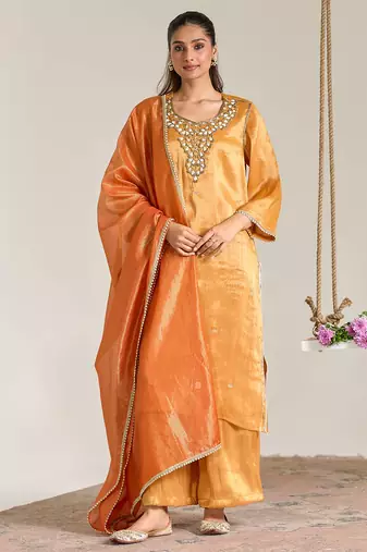 Orange embroidered tissue kurta set