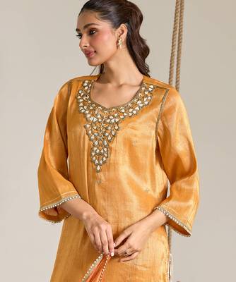 Orange embroidered tissue kurta set 2