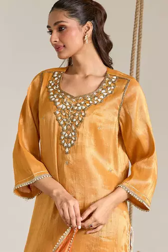 Orange embroidered tissue kurta set