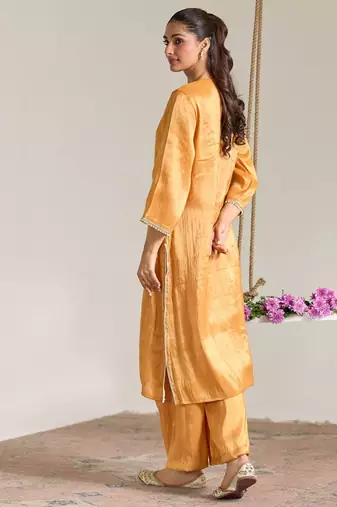 Orange embroidered tissue kurta set