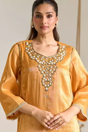 Orange embroidered tissue kurta set
