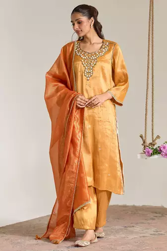 Orange embroidered tissue kurta set