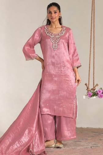 Rose pink embroidered tissue kurta set