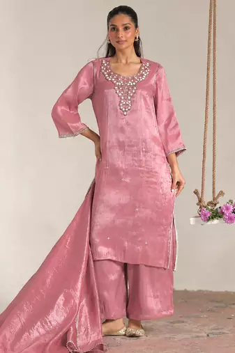 Rose pink embroidered tissue kurta set