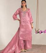 Rose pink embroidered tissue kurta set