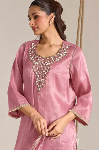 Rose pink embroidered tissue kurta set