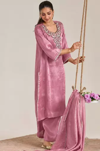 Rose pink embroidered tissue kurta set