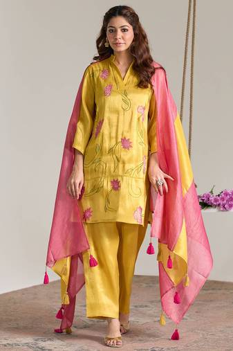 Yellow embroidered tissue kurta set