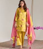 Yellow embroidered tissue kurta set