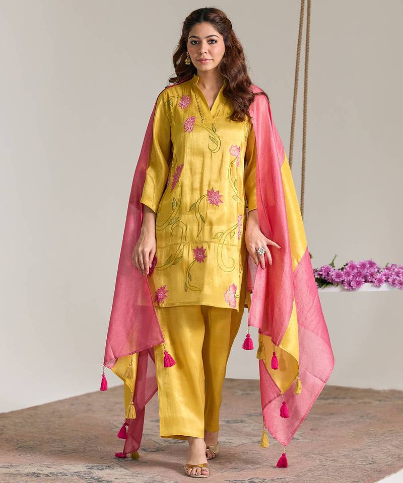 Yellow embroidered tissue kurta set
