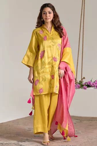 Yellow embroidered tissue kurta set