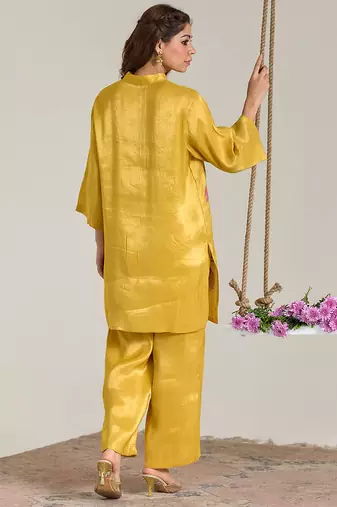 Yellow embroidered tissue kurta set