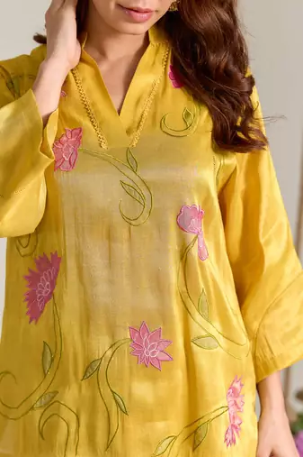 Yellow embroidered tissue kurta set