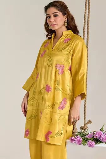 Yellow embroidered tissue kurta set