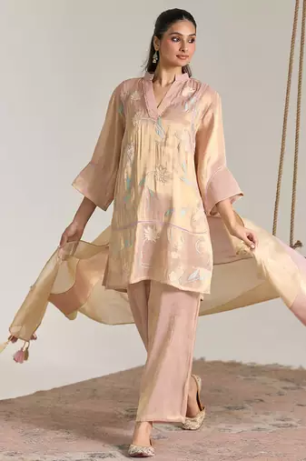 Blush pink embroidered tissue kurta set