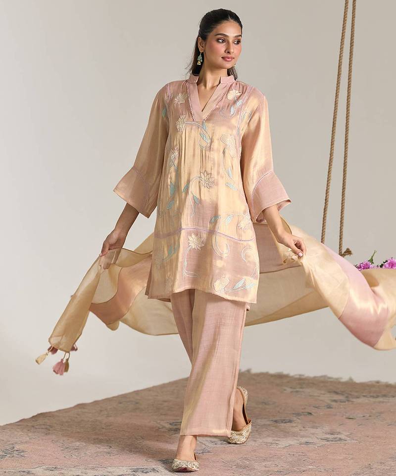 Blush pink embroidered tissue kurta set