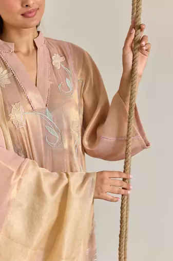Blush pink embroidered tissue kurta set