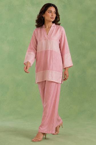 Pink woven chanderi co ord set