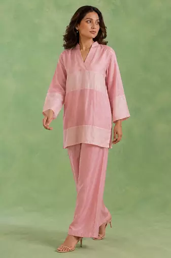 Pink woven chanderi co ord set