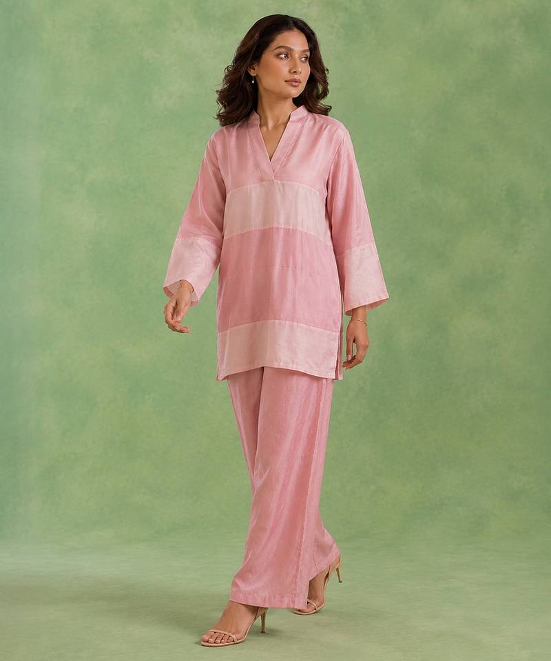 Pink woven chanderi co ord set
