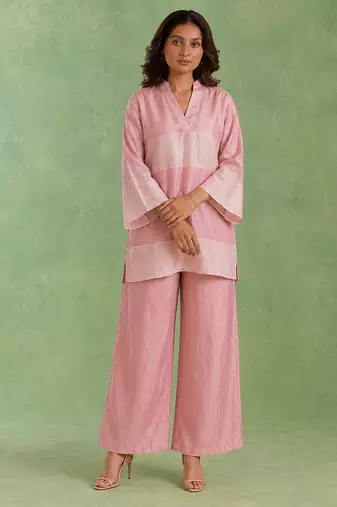 Pink woven chanderi co ord set