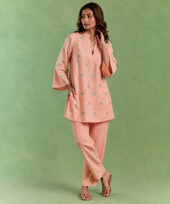 Peach handloom cotton linen co ord set 1