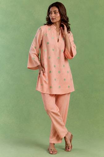 Peach handloom cotton linen co ord set