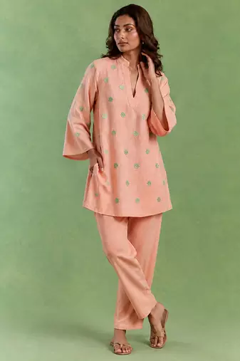 Peach handloom cotton linen co ord set