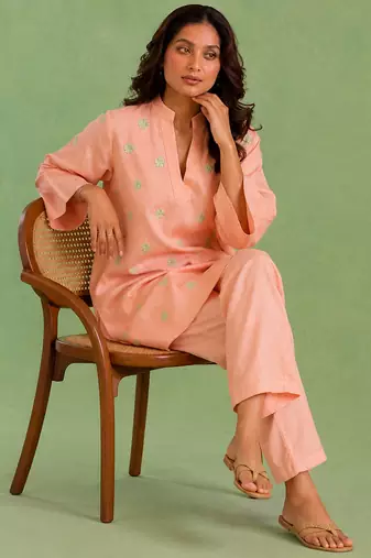 Peach handloom cotton linen co ord set