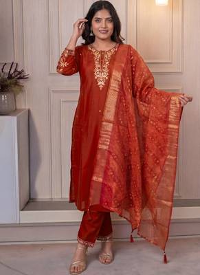 Rust cotton blend kurti pant dupatta set 1