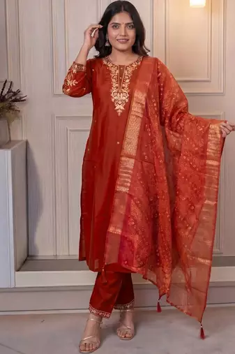 Rust cotton blend kurti pant dupatta set