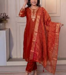 Rust cotton blend kurti pant dupatta set