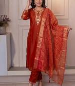 Rust cotton blend kurti pant dupatta set